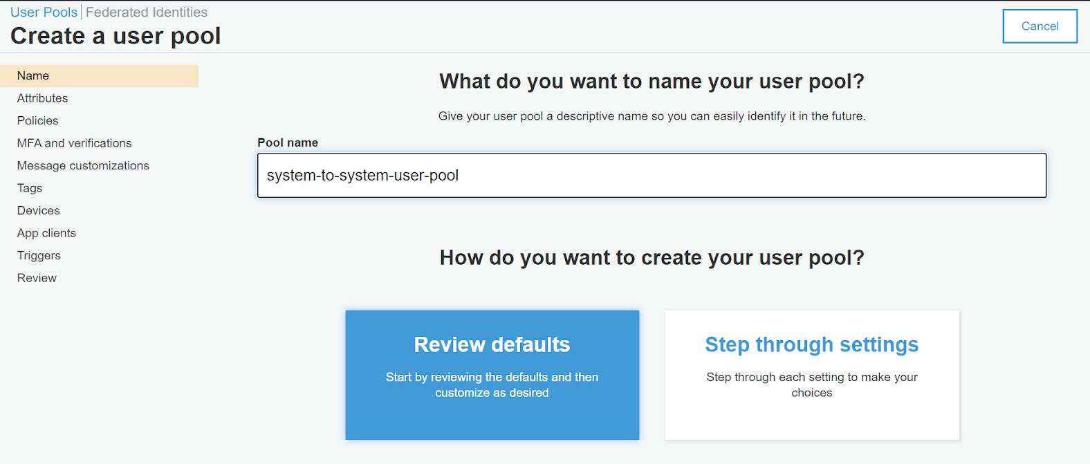 create user pool in Amazon Cognito
