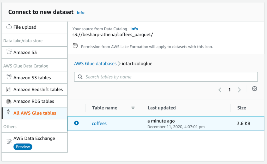 AWS Glue databrew: Connect to new data set