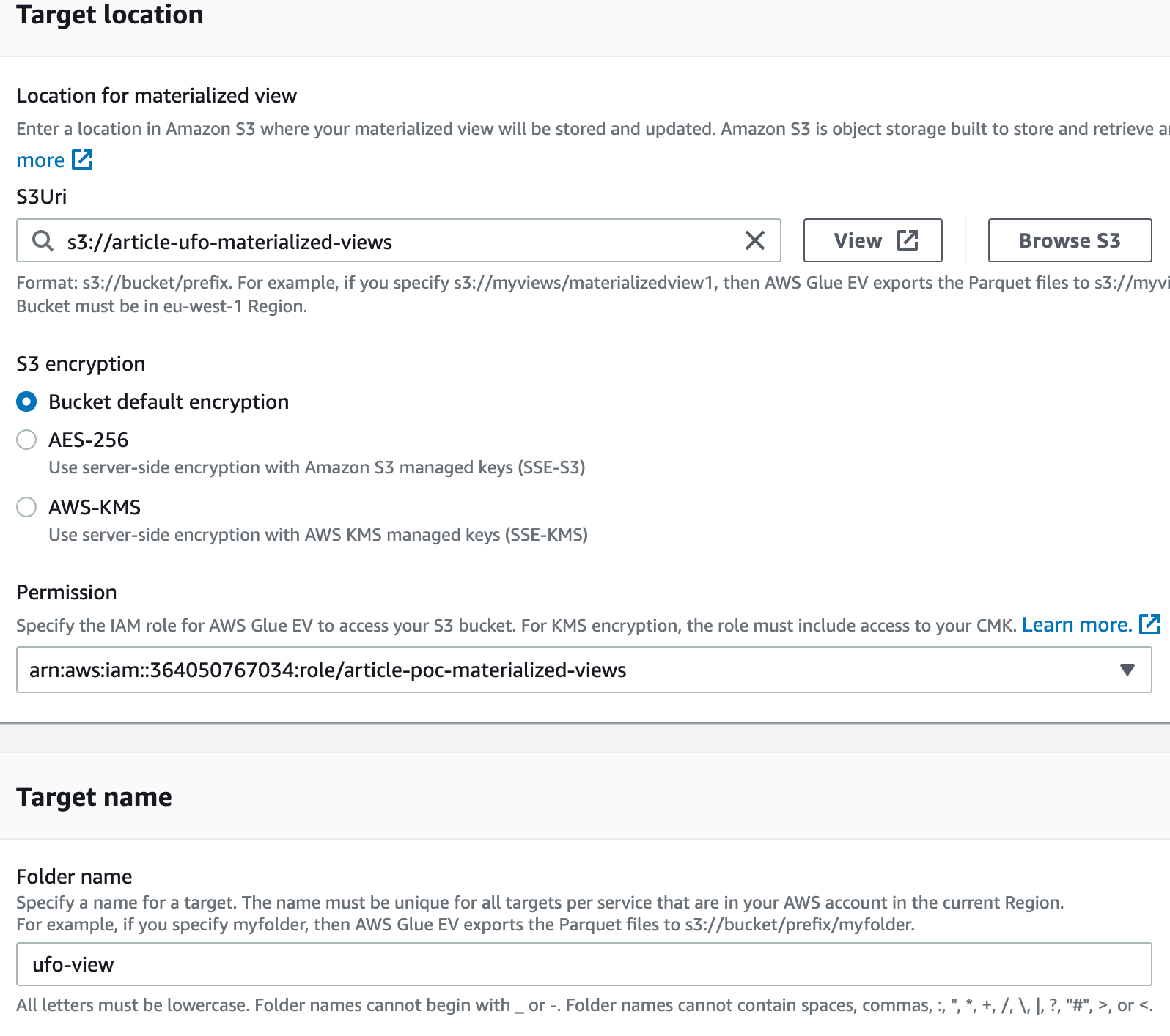 Materialized View - S3 target settings