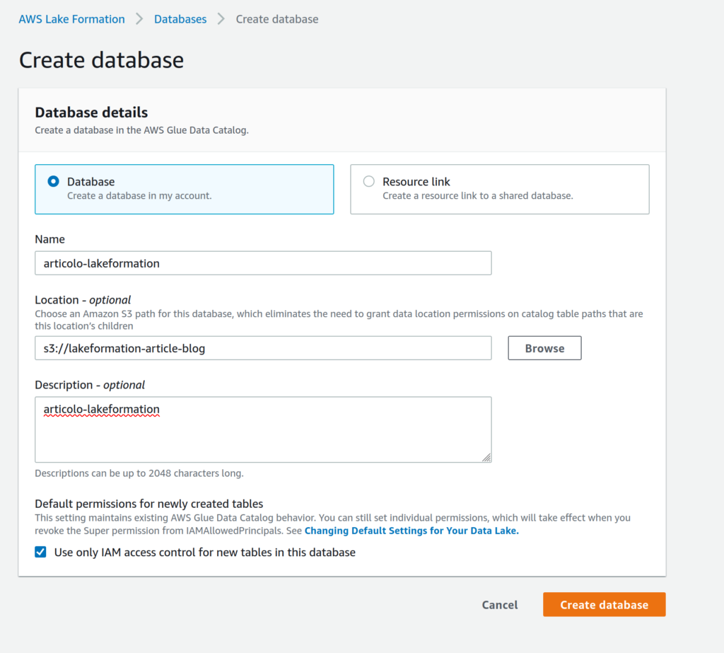 create db from lake formation