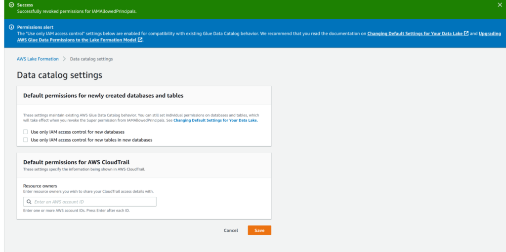 Lake Formation data catalog setting