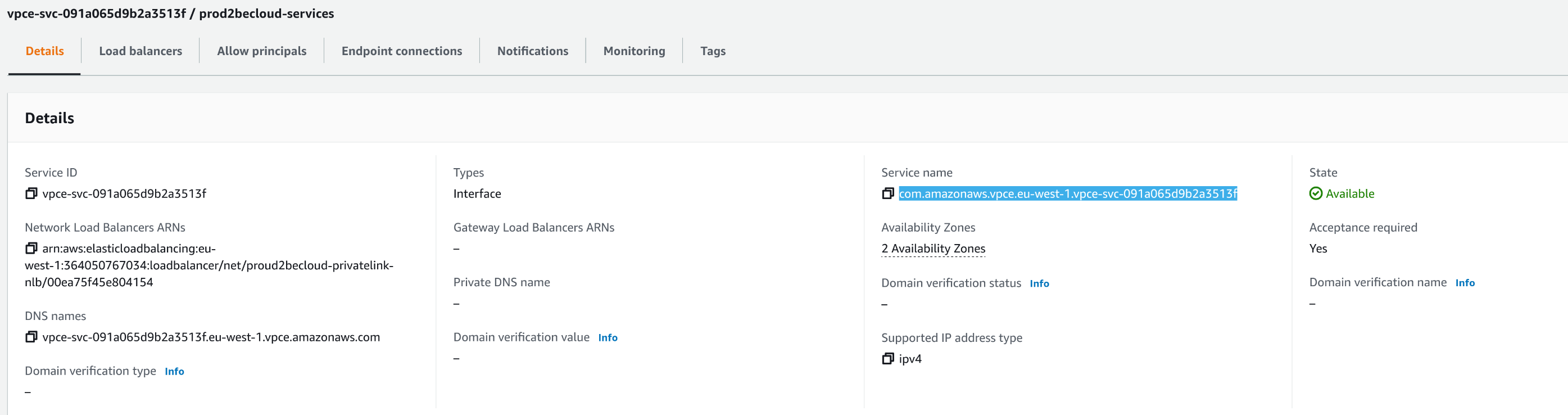 create endpoint service name VPC