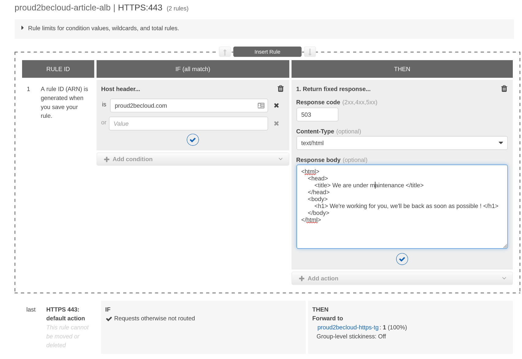 Rule setup fixed response ALB